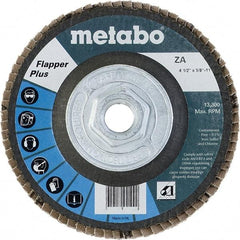 Metabo - 80 Grit, 4-1/2" Disc Diam, 5/8-11 Center Hole, Type 29 Zirconia Alumina Flap Disc - 13,300 Max RPM, Fiberglass Backing, Arbor Attaching System, Coated - Apex Tool & Supply