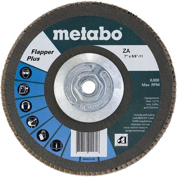 Metabo - 40 Grit, 7" Disc Diam, 5/8-11 Center Hole, Type 27 Zirconia Alumina Flap Disc - 8,500 Max RPM, Fiberglass Backing, Arbor Attaching System, Coated - Apex Tool & Supply