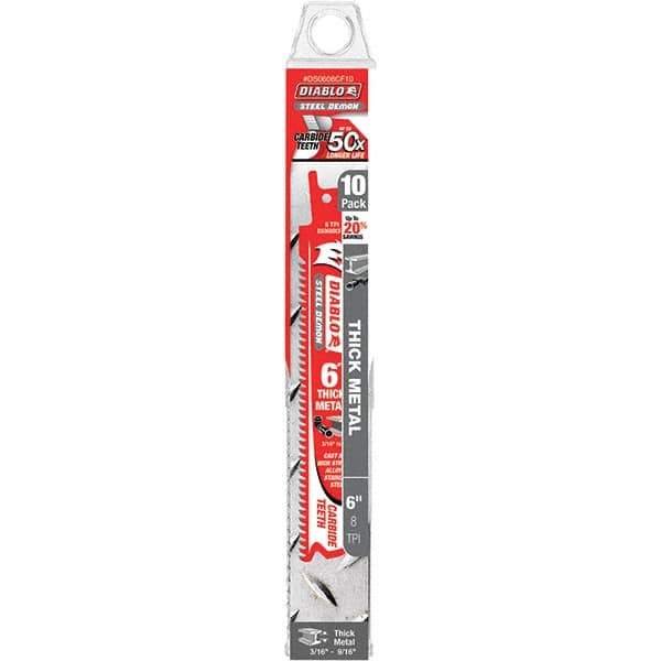 Freud - 6" Long x 1" Thick, Carbide Reciprocating Saw Blade - Straight Profile, 8 TPI, Toothed Edge, Tang Shank - Apex Tool & Supply