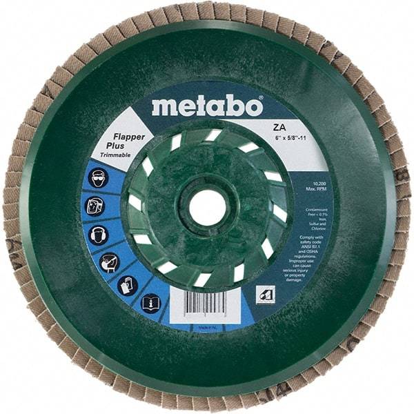 Metabo - 80 Grit, 6" Disc Diam, 5/8-11 Center Hole, Type 29 Zirconia Alumina Flap Disc - 10,200 Max RPM, Plastic Backing, Arbor Attaching System, Coated - Apex Tool & Supply