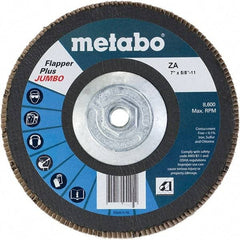 Metabo - 40 Grit, 7" Disc Diam, 5/8-11 Center Hole, Type 29 Zirconia Alumina Flap Disc - 8,600 Max RPM, Fiberglass Backing, Arbor Attaching System, Coated - Apex Tool & Supply