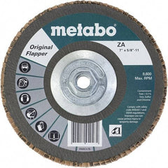 Metabo - 40 Grit, 7" Disc Diam, 5/8-11 Center Hole, Type 29 Zirconia Alumina Flap Disc - 8,600 Max RPM, Fiberglass Backing, Arbor Attaching System, Coated - Apex Tool & Supply