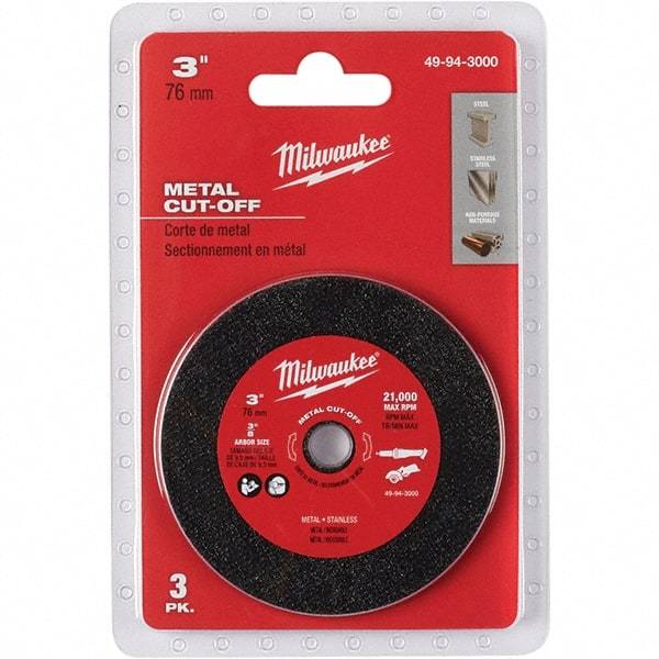 Milwaukee Tool - 3" 60 Grit Aluminum Oxide Cutoff Wheel - 3/64" Thick, 3/8" Arbor, 20,000 Max RPM, Use with Die & Angle Grinders & Circular Saws - Apex Tool & Supply
