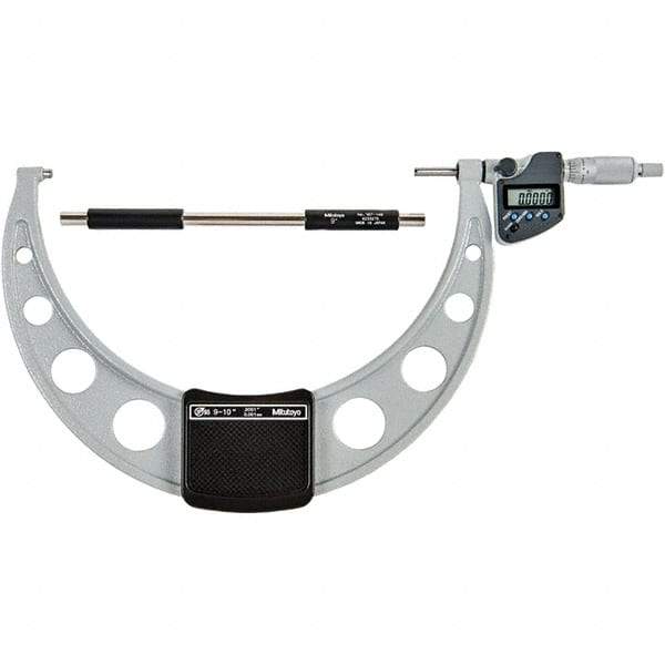 Mitutoyo - 9 to 10" Range, 0.00005" Resolution, Standard Throat IP65 Electronic Outside Micrometer - 0.0002" Accuracy, Ratchet Stop Thimble, Carbide-Tipped Face, SR44 Battery - Apex Tool & Supply