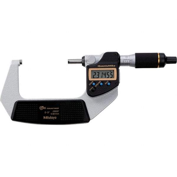 Mitutoyo - 2 to 3" Range, 0.00005" Resolution, Quantumike Throat IP65 Electronic Outside Micrometer - 0.0001" Accuracy, Ratchet Stop Thimble, Carbide-Tipped Face, SR44 Battery - Apex Tool & Supply