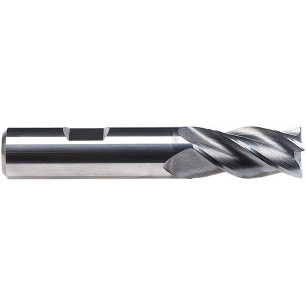 Emuge - 1/2" Diam, 1" LOC, 4 Flute Solid Carbide Roughing & Finishing End Mill - CrN Finish, 3" OAL, 1/2" Shank Diam, Weldon Shank, 38° Helix, Centercutting, Regular Length - Apex Tool & Supply