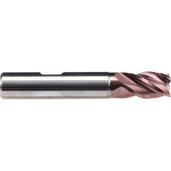 Emuge - 1/4" Diam, 13/32" LOC, 4 Flute Solid Carbide Roughing & Finishing End Mill - TiAlN Finish, 2-1/8" OAL, 1/4" Shank Diam, Weldon Shank, 38° Helix, Centercutting, Stub Length - Apex Tool & Supply