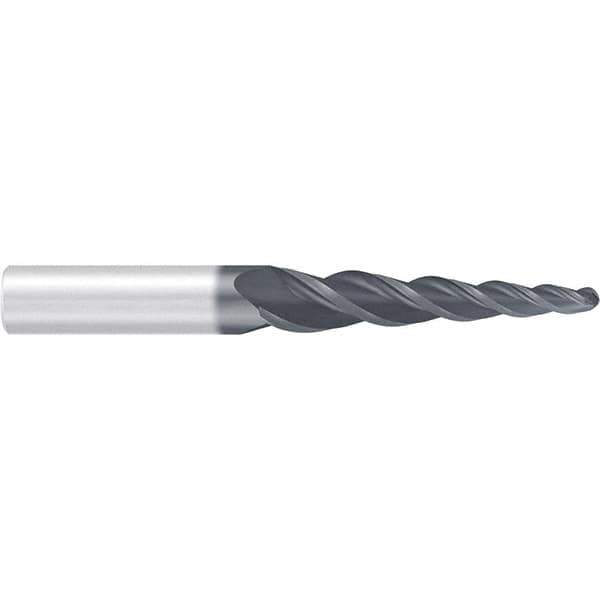 Emuge - 4° Taper Angle per Side, 2mm Small End Diam, 87mm LOC, Solid Carbide 3 Flute Tapered Ball End Mill - AlCr Finish, 150mm OAL, 16mm Shank Diam, Spiral Flute, 36° Helix - Apex Tool & Supply