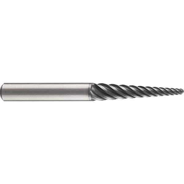 Emuge - 4° Taper Angle per Side, 3mm Small End Diam, 74mm LOC, Solid Carbide 6 Flute Tapered Ball End Mill - AlCr Finish, 140mm OAL, 16mm Shank Diam, Spiral Flute, 38° Helix - Apex Tool & Supply