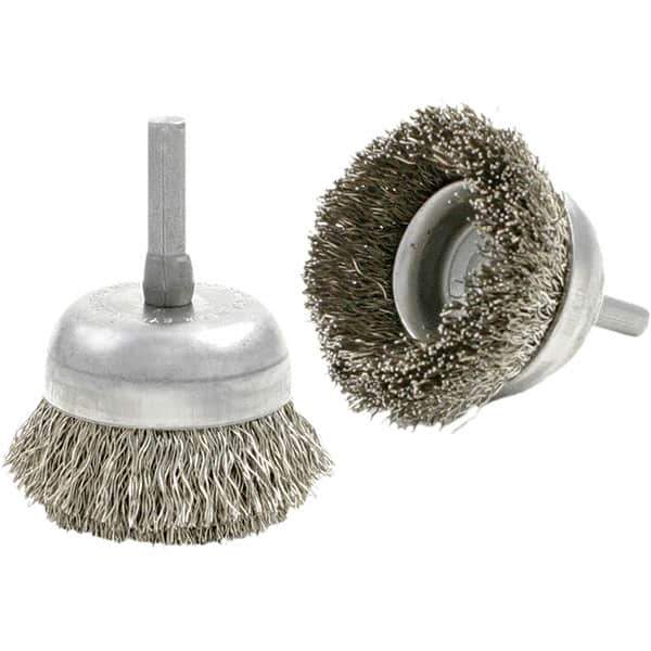 Brush Research Mfg. - 3" Diam, 2-3/4" Shank Diam, Carbon Steel Fill Cup Brush - 0.04 Wire Diam, 3/4" Trim Length, 8,000 Max RPM - Apex Tool & Supply