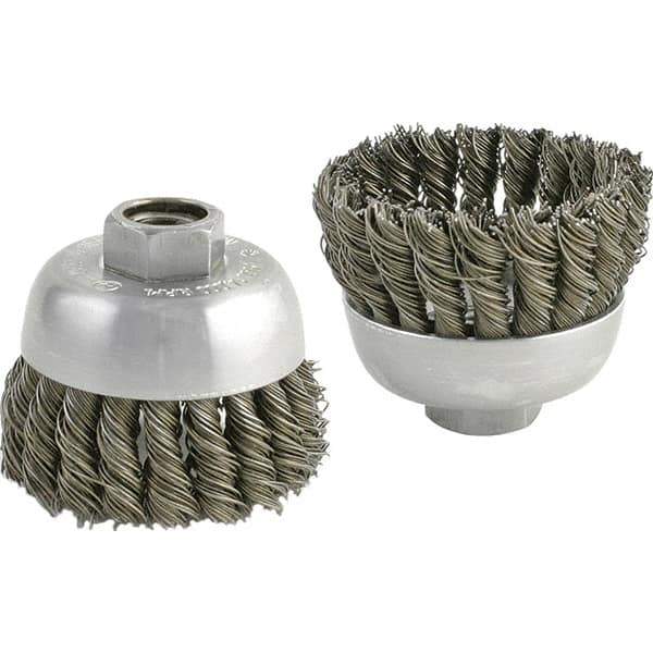 Brush Research Mfg. - 2-3/4" Diam, 5/8-11 Threaded Arbor, Carbon Steel Fill Cup Brush - 0.02 Wire Diam, 1" Trim Length, 6,600 Max RPM - Apex Tool & Supply