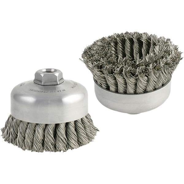 Brush Research Mfg. - 5" Diam, 5/8-11 Threaded Arbor, Carbon Steel Fill Cup Brush - 0.014 Wire Diam, 1-1/4" Trim Length, 9,000 Max RPM - Apex Tool & Supply