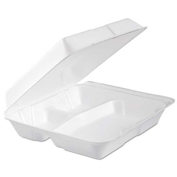 DART - Foam Hinged Lid Container, 3-Comp, 9.3 x 9 1/2 x 3, White, 100/Bag, 2 Bag/Carton - Apex Tool & Supply