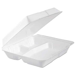 DART - Foam Hinged Lid Container, 3-Comp, 9.3 x 9 1/2 x 3, White, 100/Bag, 2 Bag/Carton - Apex Tool & Supply