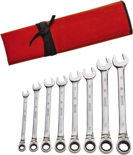Proto - 8 Piece, 8mm to 18mm, 12 Point Ratcheting Reversible Combination Wrench Set - Metric Measurement Standard, Full Polish Finish, Comes in Pouch - Apex Tool & Supply