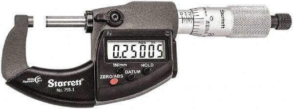 Starrett - 0 to 1" Range, Standard Throat IP67 Electronic Outside Micrometer - Ratchet Stop Thimble, Carbide Face, CR2032 Battery - Apex Tool & Supply