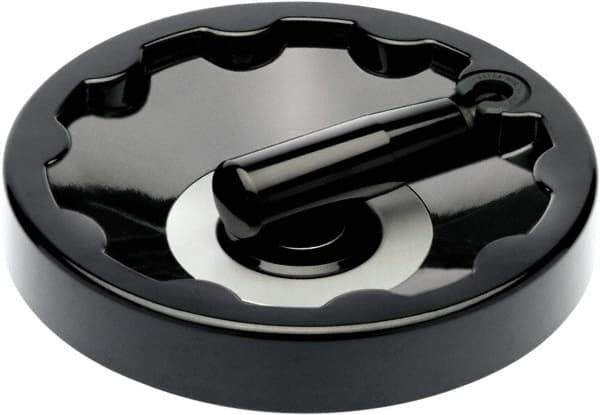 Elesa - 9.8" Diam, Duroplast Handwheel with Fold Away Handle - 1.92" Hub Diam - Apex Tool & Supply