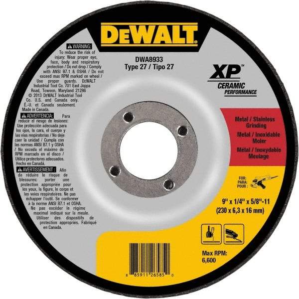 DeWALT - 24 Grit, 9" Wheel Diam, Type 27 Depressed Center Wheel - Coarse/Medium Grade, Ceramic, N Hardness, 6,600 Max RPM - Apex Tool & Supply