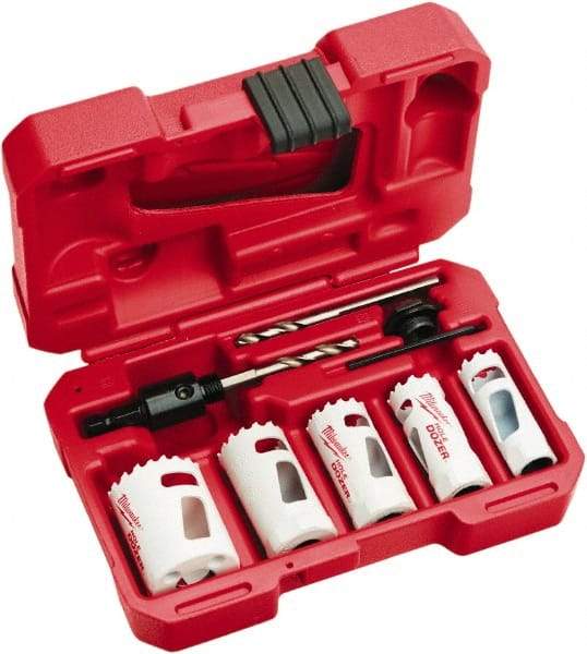 Milwaukee Tool - 9 Piece, 3/4" to 1-1/2" Saw Diam, Hole Saw Kit - Bi-Metal, Toothed Edge, Includes 5 Hole Saws - Apex Tool & Supply