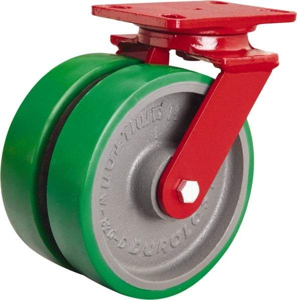 Hamilton - 8" Diam x 2" Wide x 9-3/4" OAH Top Plate Mount Swivel Caster - Polyurethane Mold onto Cast Iron Center, 3,000 Lb Capacity, Sealed Precision Ball Bearing, 4-1/2 x 6-1/2" Plate - Apex Tool & Supply