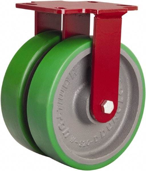 Hamilton - 8" Diam x 2" Wide x 9-3/4" OAH Top Plate Mount Rigid Caster - Polyurethane Mold onto Cast Iron Center, 3,000 Lb Capacity, Tapered Roller Bearing, 4-1/2 x 6-1/2" Plate - Apex Tool & Supply