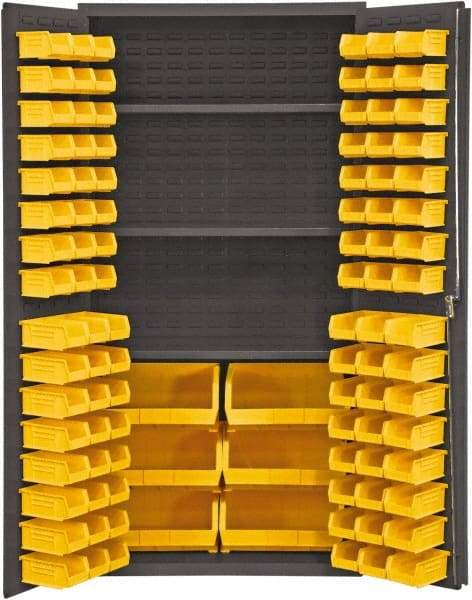 Durham - 3 Shelf 102 Bin Storage Cabinet - Steel, 36" Wide x 24" Deep x 72" High, Yellow - Apex Tool & Supply