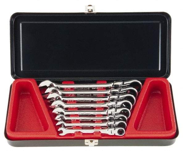 Blackhawk by Proto - 8 Piece, 5/16" to 3/4", Combination Wrench Set - Inch Measurement Standard, Full Polish Finish, Comes in Metal Case - Apex Tool & Supply