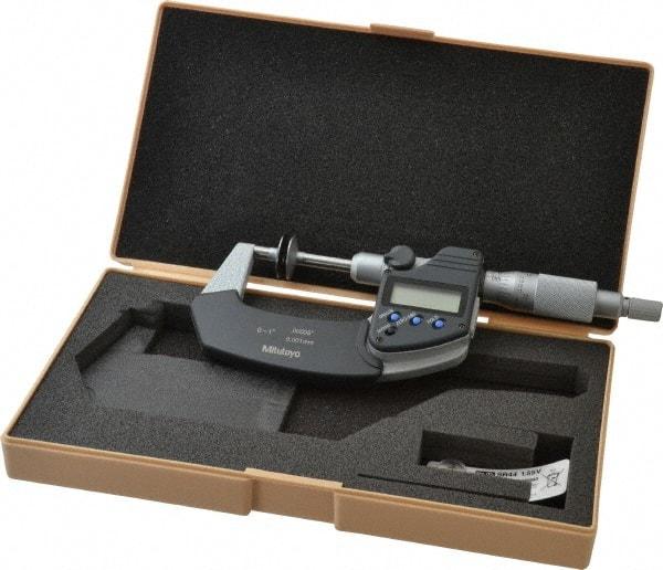 Mitutoyo - 0 to 1 Inch, Ratchet Stop Thimble, IP54 Water Resistance, Electronic Disc Micrometer - 0.0002 Inch Accuracy, 20mm Disc, 0.00005 Inch Resolution - Apex Tool & Supply
