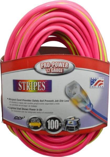 Southwire - 100', 12/3 Gauge/Conductors, Pink/Lime Green Outdoor Extension Cord - 1 Receptacle, 15 Amps, 125 VAC, UL SJTW, NEMA 5-15P, 5-15R - Apex Tool & Supply