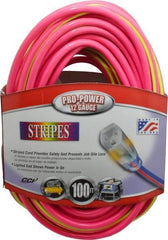 Southwire - 100', 12/3 Gauge/Conductors, Pink/Lime Green Outdoor Extension Cord - 1 Receptacle, 15 Amps, 125 VAC, UL SJTW, NEMA 5-15P, 5-15R - Apex Tool & Supply