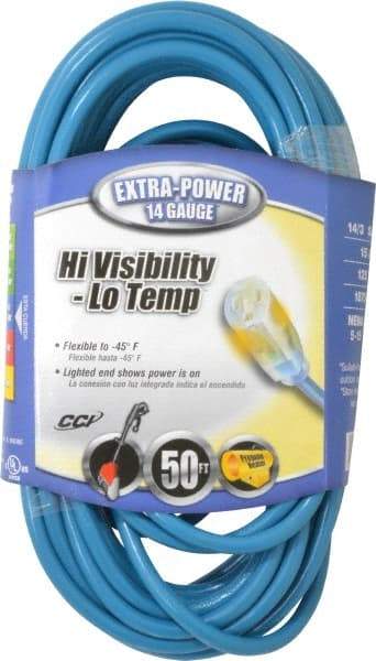 Southwire - 50', 14/3 Gauge/Conductors, Blue Outdoor Extension Cord - 1 Receptacle, 15 Amps, 125 VAC, UL SJTW, NEMA 5-15P, 5-15R - Apex Tool & Supply