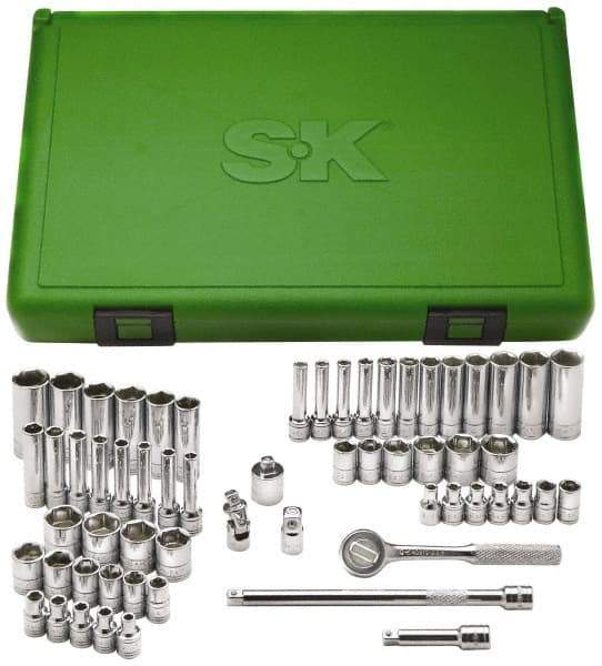SK - 60 Piece 1/4" Drive Deep Well Socket Set - 6 Points, 1/8" to 5/8" (4mm to 16mm) Range, Inch/Metric Measurement Standard - Apex Tool & Supply