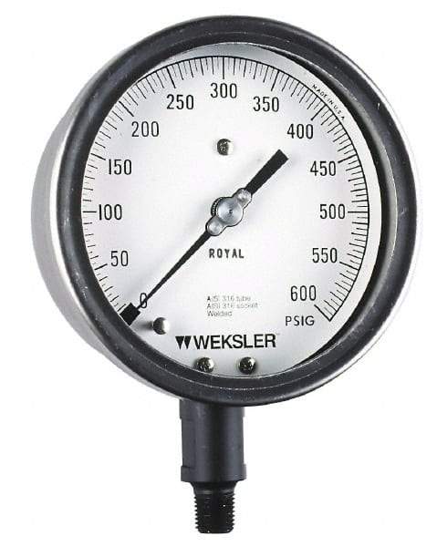 Weksler Instruments - 4-1/2" Dial, 1/4 Thread, 0-160 Scale Range, Pressure Gauge - Lower Connection, Rear Flange Connection Mount, Accurate to 0.5% of Scale - Apex Tool & Supply