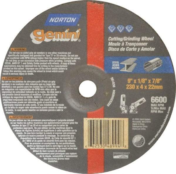 Norton - 24 Grit, 9" Wheel Diam, 1/8" Wheel Thickness, 7/8" Arbor Hole, Type 27 Depressed Center Wheel - Aluminum Oxide, 6,600 Max RPM, Compatible with Angle Grinder - Apex Tool & Supply