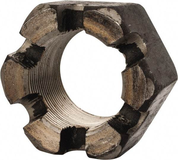 Value Collection - 2-12 UNF Grade 2 Steel Slotted Locknut - 3" Width Across Flats, 1-23/32" High, Uncoated - Apex Tool & Supply