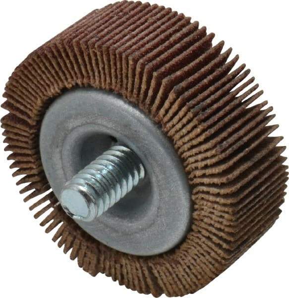 Merit Abrasives - 1-1/2" Diam x 1/2" Face Width, Fine Aluminum Oxide Coated Mounted Flap Wheel - 1/4-20 Threaded Mount, 120 Grit, 25,000 Max RPM - Apex Tool & Supply