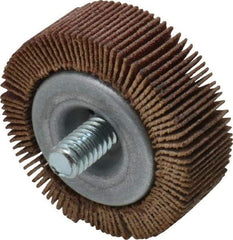 Merit Abrasives - 1-1/2" Diam x 1/2" Face Width, Fine Aluminum Oxide Coated Mounted Flap Wheel - 1/4-20 Threaded Mount, 120 Grit, 25,000 Max RPM - Apex Tool & Supply