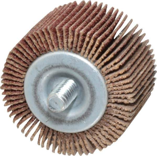Merit Abrasives - 1-1/2" Diam x 1" Face Width, Medium Aluminum Oxide Coated Mounted Flap Wheel - 1/4-20 Threaded Mount, 60 Grit, 25,000 Max RPM - Apex Tool & Supply