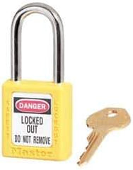 Master Lock - Keyed Alike Conductive Lockout Padlock - 1-1/2" Shackle Clearance, 1/4" Shackle Diam, 1-3/4" Body Height x 1-1/2" Body Width, Yellow, 6 Pins - Apex Tool & Supply