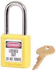 Master Lock - Keyed Alike Conductive Lockout Padlock - 1-1/2" Shackle Clearance, 1/4" Shackle Diam, 1-3/4" Body Height x 1-1/2" Body Width, Yellow, 6 Pins - Apex Tool & Supply