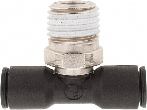 Legris - 1/4" OD, 1/4 NPT, Nylon/Nickel Plated Brass Push-to-Connect Male Branch Tee - 290 Max psi - Apex Tool & Supply