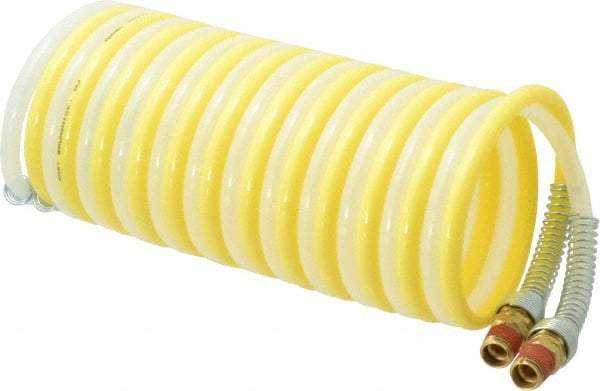 Coilhose Pneumatics - 1/4" ID, 1/4 Thread, 12' Long, Yellow & Natural Nylon Coiled & Self Storing Hose - 185 Max psi, Male Swivel x Male Swivel - Apex Tool & Supply