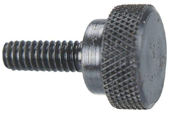Morton Machine Works - #8-32 Knurled Shoulder Grade C-12L14 Steel Thumb Screw - 3/4" OAL, 1/2" Head Diam x 5/16" Head Height, Black Oxide Finish - Apex Tool & Supply