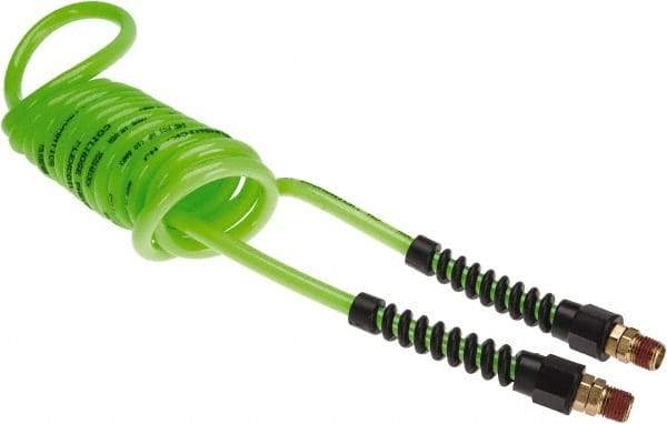Coilhose Pneumatics - 1/4" ID, 1/4 Thread, 10' Long, Neon Green Polyurethane Coiled & Self Storing Hose - 125 Max psi, Male Swivel x Male Swivel with Strain Relief - Apex Tool & Supply