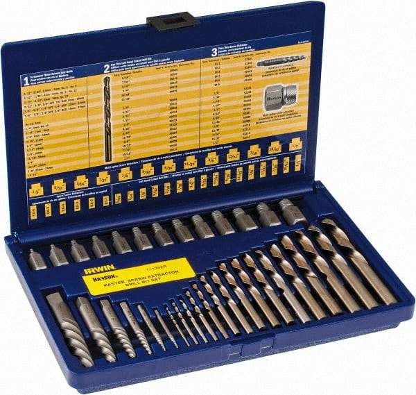 Irwin Hanson - 35 Piece Spiral Flute Screw Extractor & Drill Set - Screw Range 1/8 to 1/2" - Apex Tool & Supply