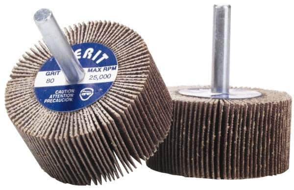 Merit Abrasives - 2" Diam x 1" Face Width, Coarse Aluminum Oxide Coated Mounted Flap Wheel - 1/4" Shank Mount, 50 Grit, Cloth Backing, 25,000 Max RPM - Apex Tool & Supply