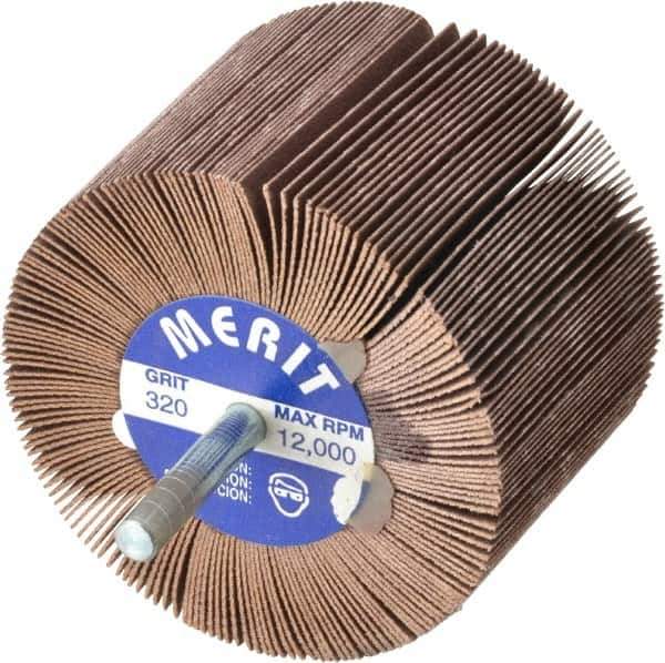 Merit Abrasives - 3" Diam x 2" Face Width, Extra Fine Ceramic Alumina Coated Mounted Flap Wheel - 1/4" Shank Mount, 320 Grit, 20,000 Max RPM - Apex Tool & Supply