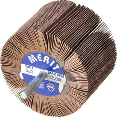Merit Abrasives - 3" Diam x 2" Face Width, Extra Fine Ceramic Alumina Coated Mounted Flap Wheel - 1/4" Shank Mount, 320 Grit, 20,000 Max RPM - Apex Tool & Supply