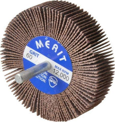 Merit Abrasives - 3" Diam x 3/4" Face Width, Medium Ceramic Alumina Coated Mounted Flap Wheel - 1/4" Shank Mount, 60 Grit, Cloth Backing, 20,000 Max RPM - Apex Tool & Supply