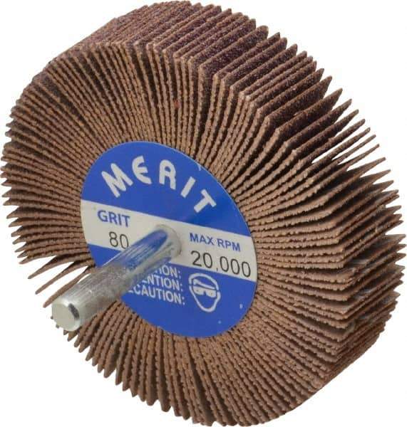 Merit Abrasives - 3" Diam x 3/4" Face Width, Medium Ceramic Alumina Coated Mounted Flap Wheel - 1/4" Shank Mount, 80 Grit, Cloth Backing, 20,000 Max RPM - Apex Tool & Supply